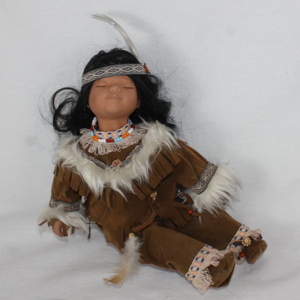 Cathay Collection Porcelain Indian Native American Doll 12" Tall  Eyes Closed